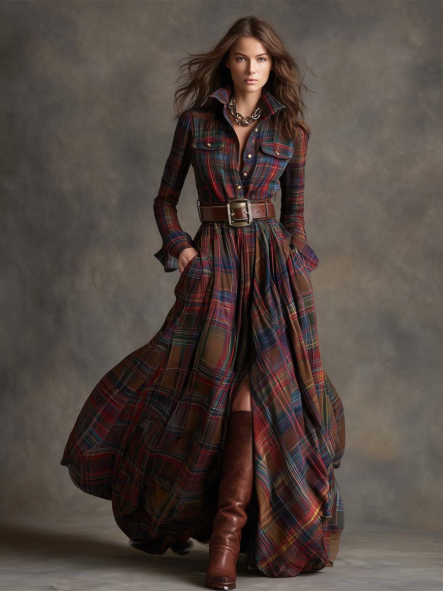 Rowena | Full-Length Plaid Shirt Dress