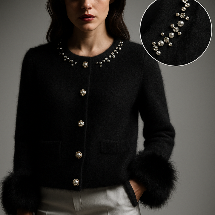 Seralyne | Elegant Pearl-Trim Luxe Cardigan