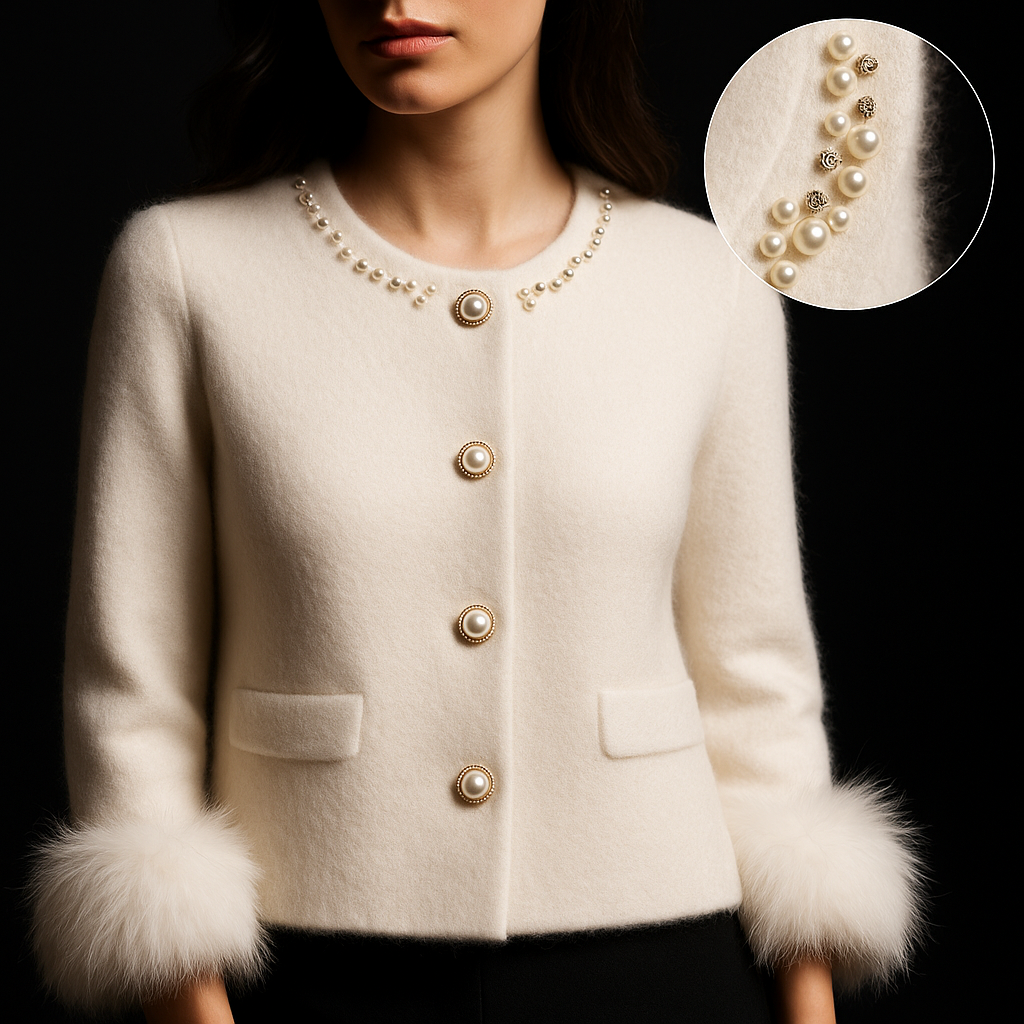 Seralyne | Elegant Pearl-Trim Luxe Cardigan