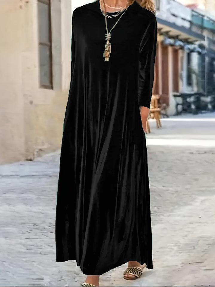 Phoebe | Relaxed Velvet Maxi Women Casual Crewneck Shirt Dresses Long Sleeve