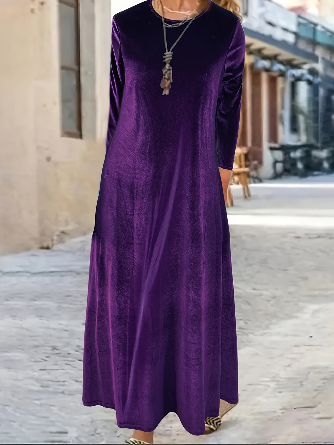 Phoebe | Relaxed Velvet Maxi Women Casual Crewneck Shirt Dresses Long Sleeve