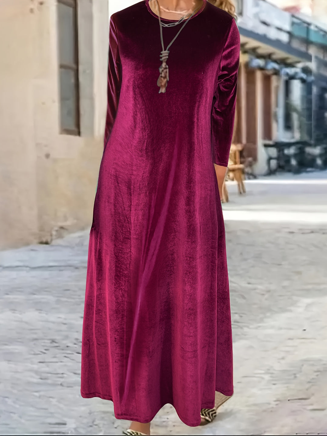 Phoebe | Relaxed Velvet Maxi Women Casual Crewneck Shirt Dresses Long Sleeve