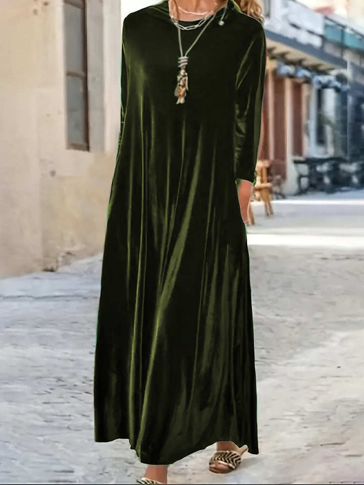 Phoebe | Relaxed Velvet Maxi Women Casual Crewneck Shirt Dresses Long Sleeve